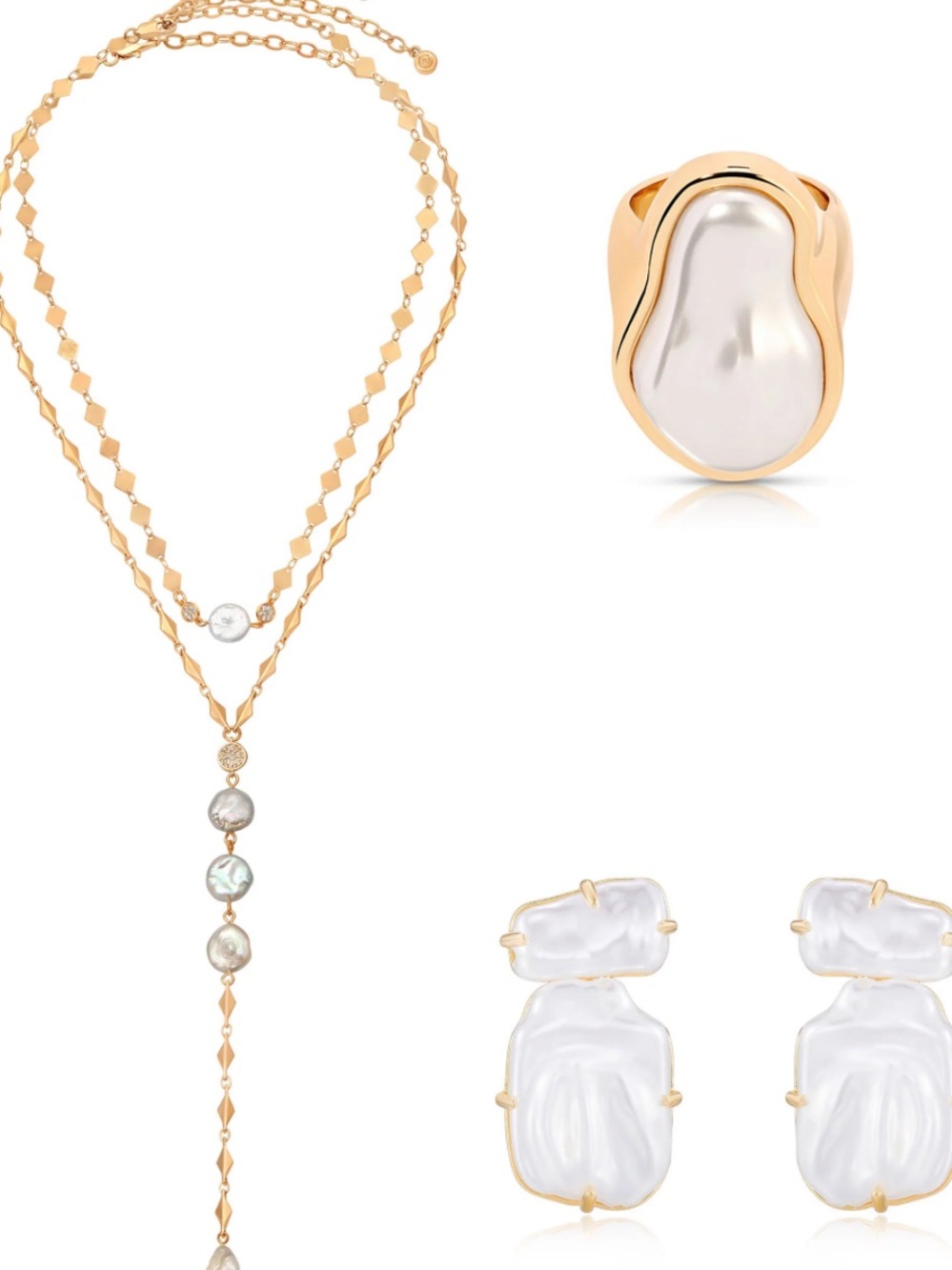 ettika Gold-Tone Layered Necklace & White Baroque Pearl Earrings Set